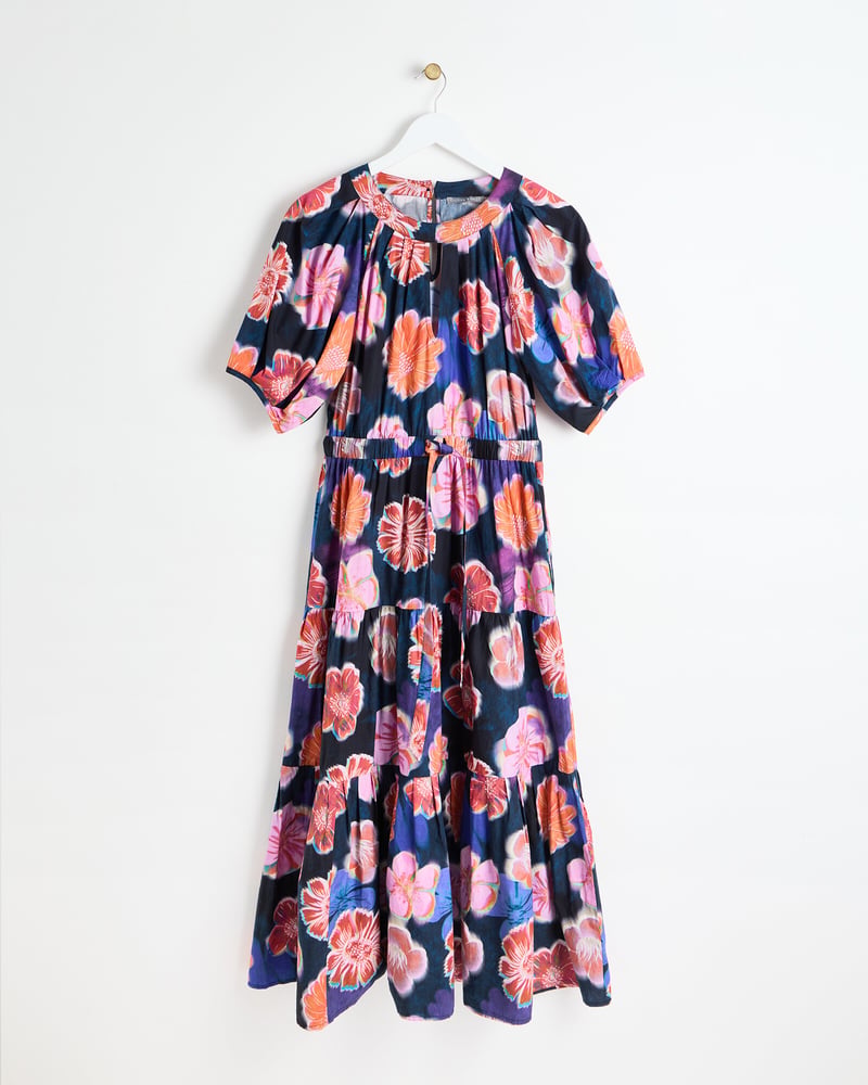 Blue Floral Print Tiered Keyhole Midi Dress