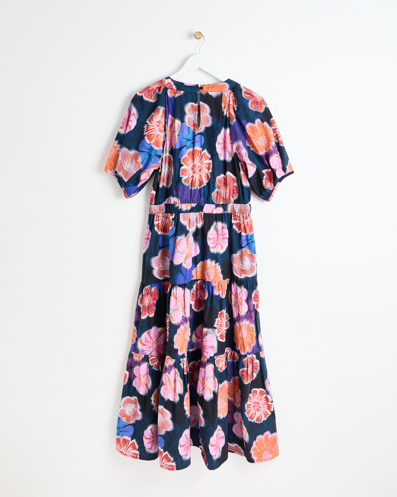 Blue Floral Print Tiered Keyhole Midi Dress