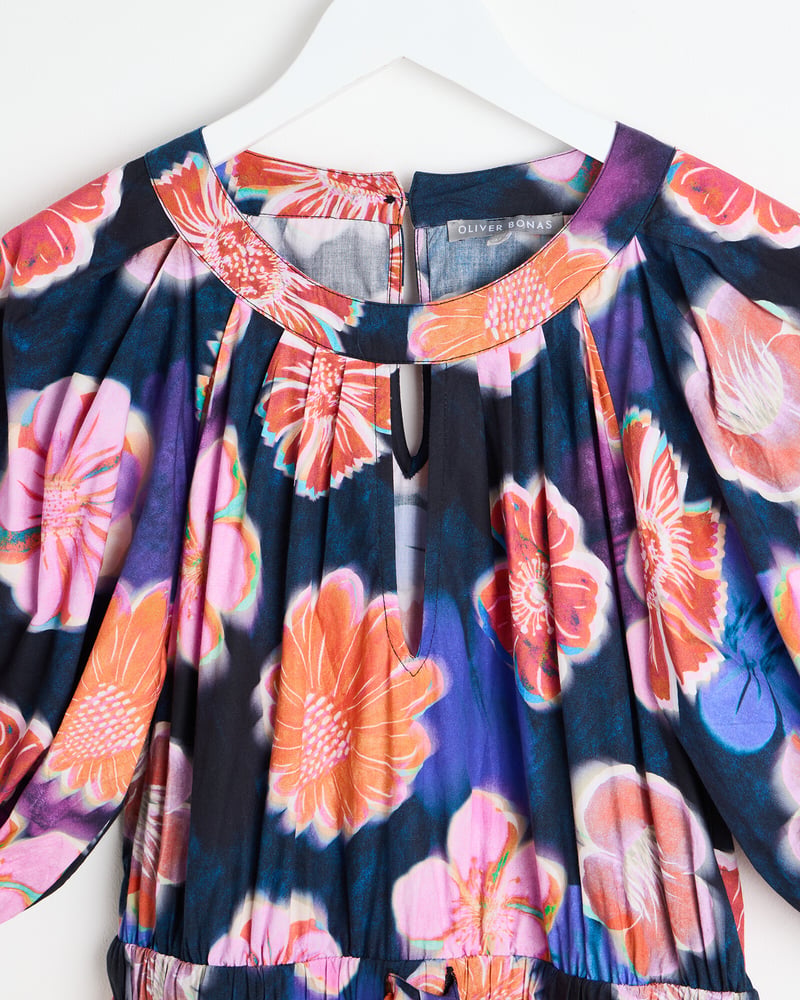 Blue Floral Print Tiered Keyhole Midi Dress