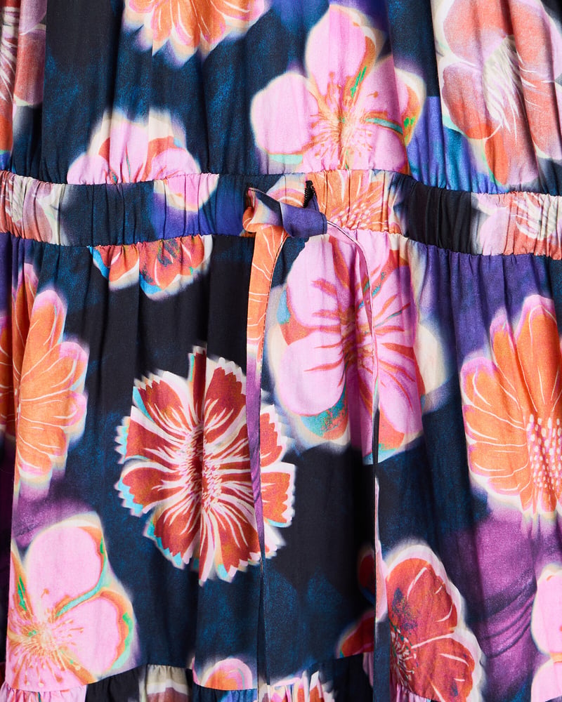 Blue Floral Print Tiered Keyhole Midi Dress