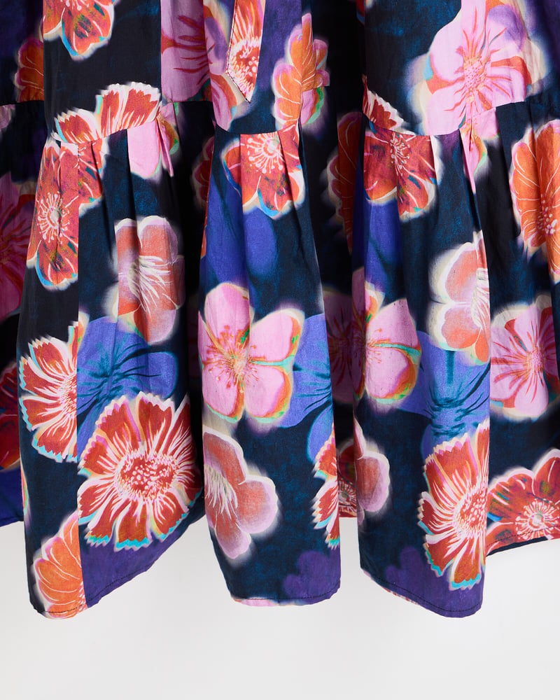 Blue Floral Print Tiered Keyhole Midi Dress