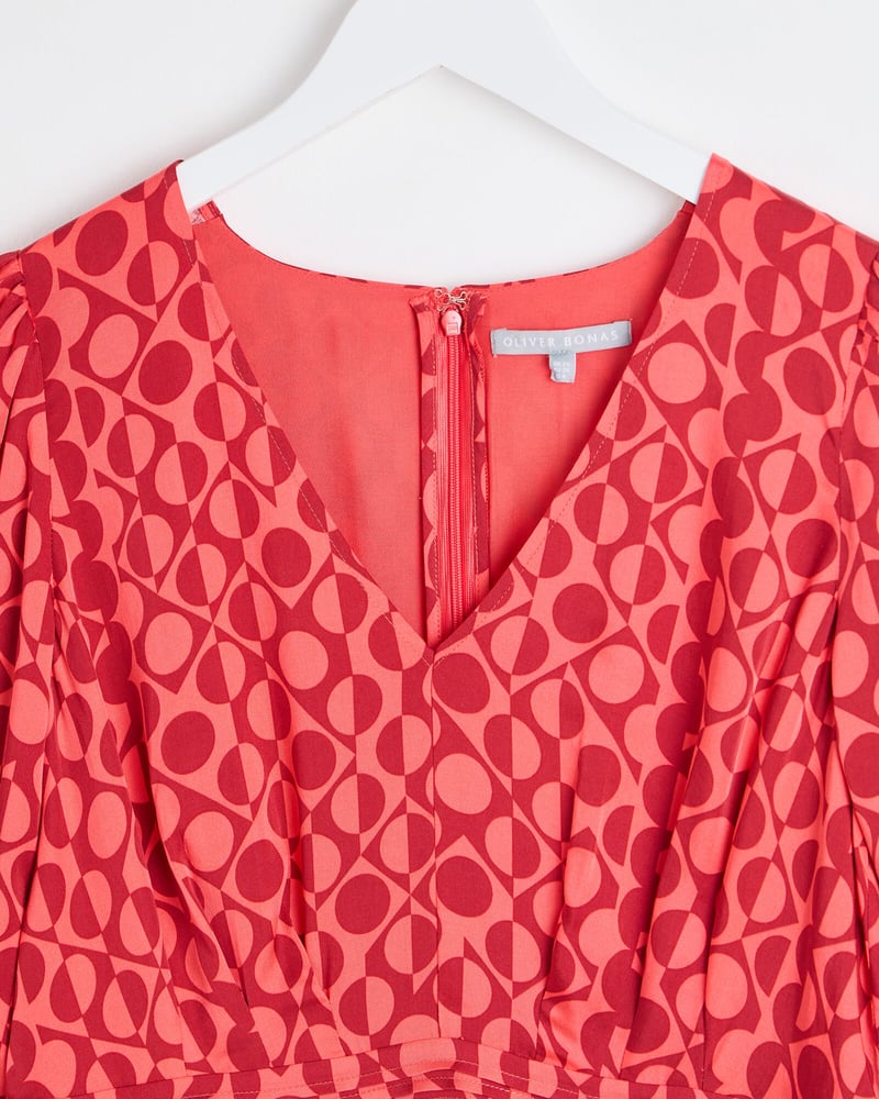 Pink & Red Geometric Print V-Neck Mini Dress