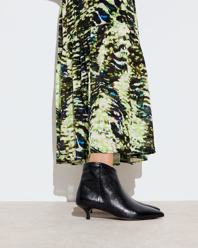 Metallic Black Pointed Kitten Heel Ankle Boots