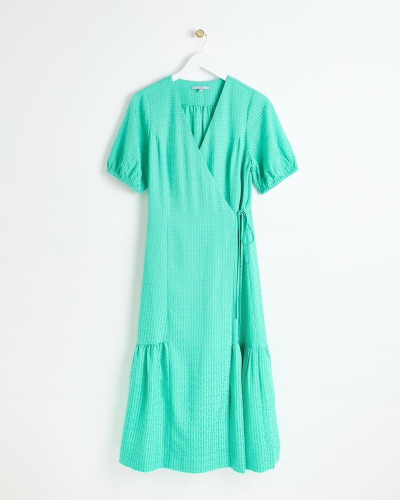 Green Textured V-Neck Tiered Midi Wrap Dress