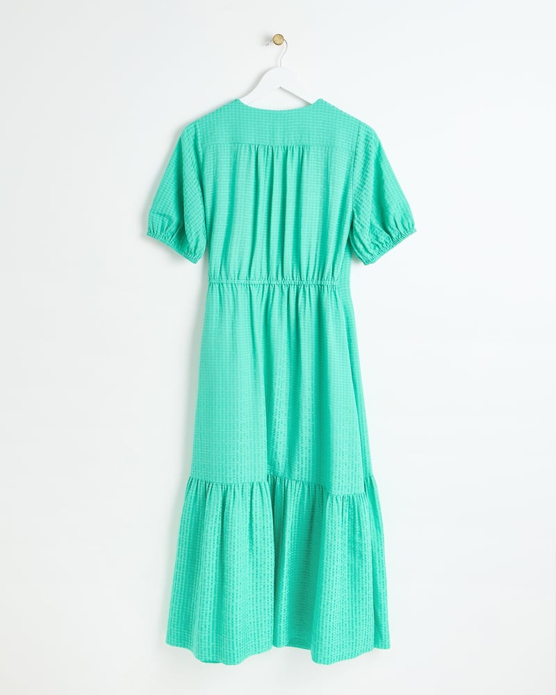 Green Textured V-Neck Tiered Midi Wrap Dress