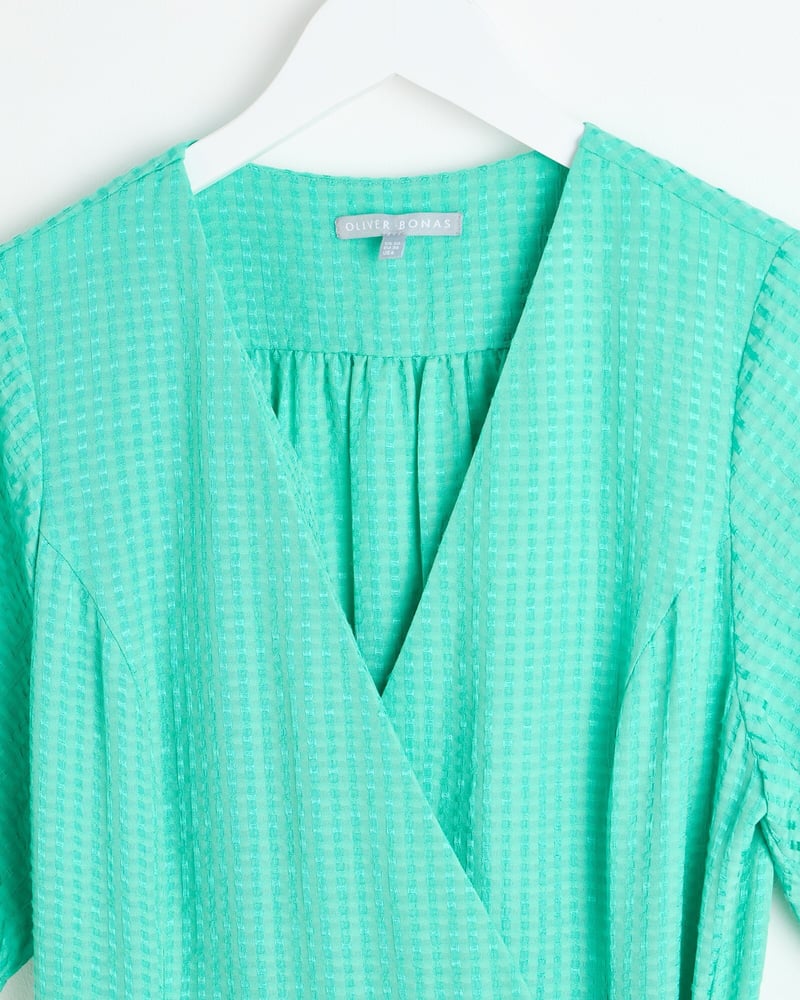 Green Textured V-Neck Tiered Midi Wrap Dress