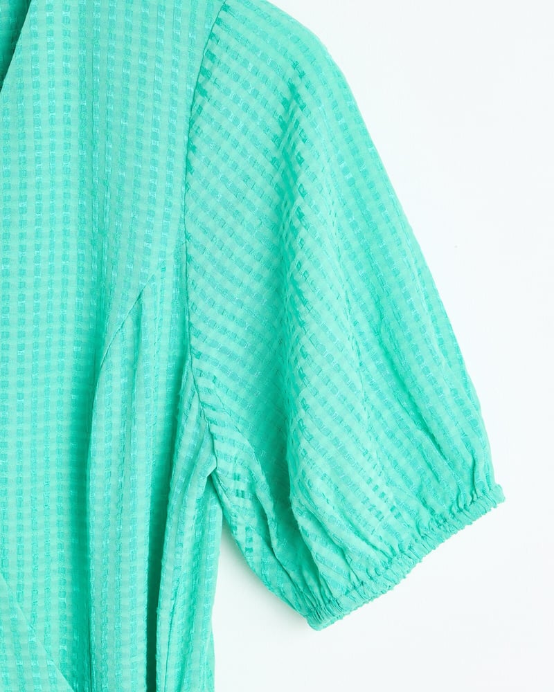 Green Textured V-Neck Tiered Midi Wrap Dress