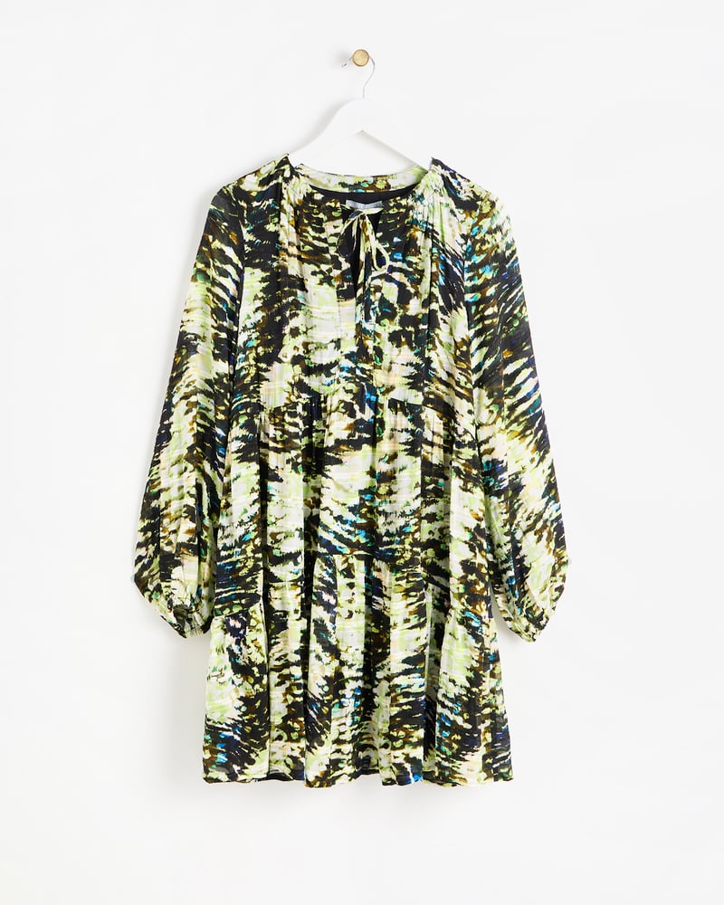Green Texture Print Mini Drawstring Neck Dress