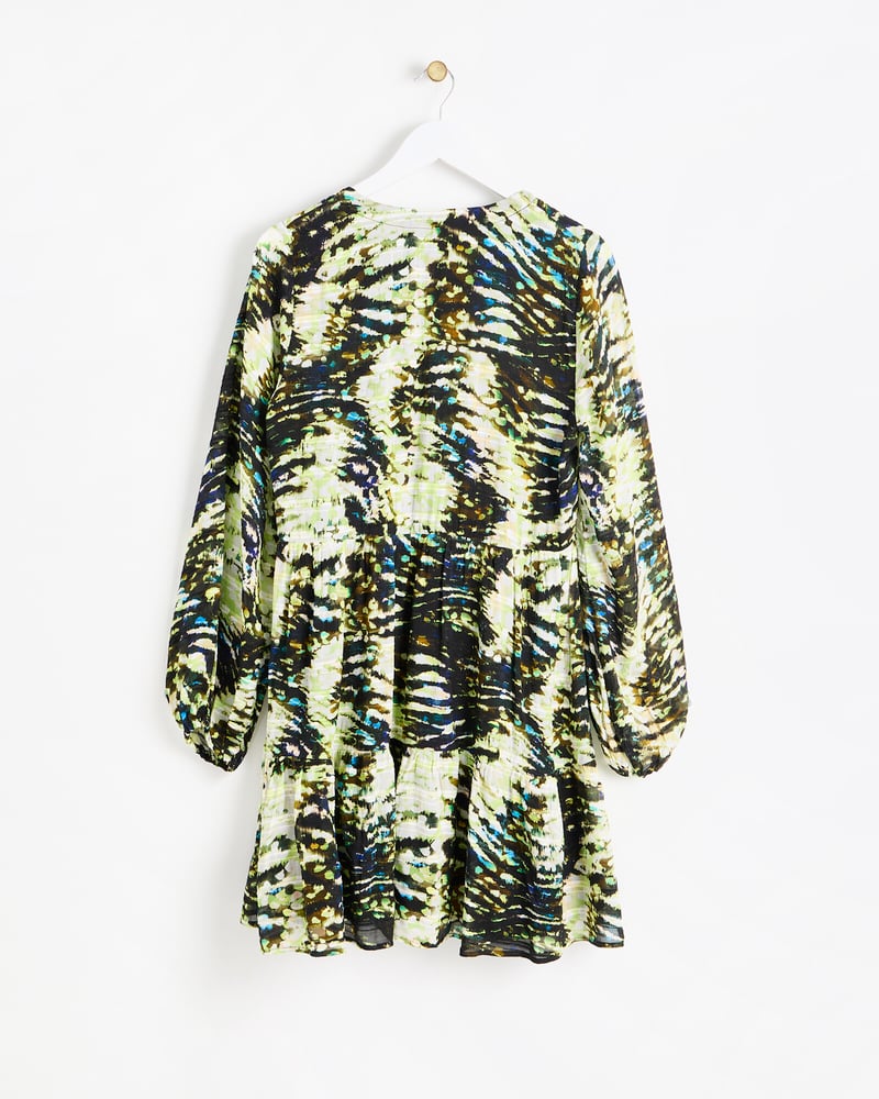 Green Texture Print Mini Drawstring Neck Dress