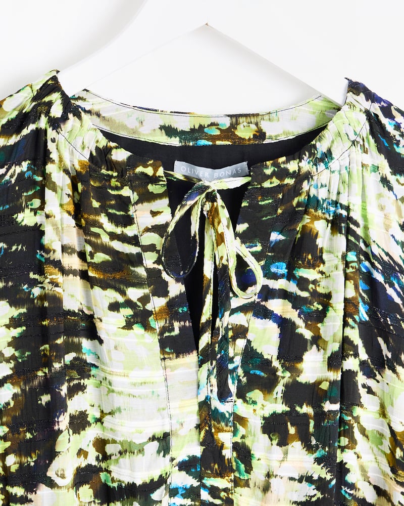 Green Texture Print Mini Drawstring Neck Dress