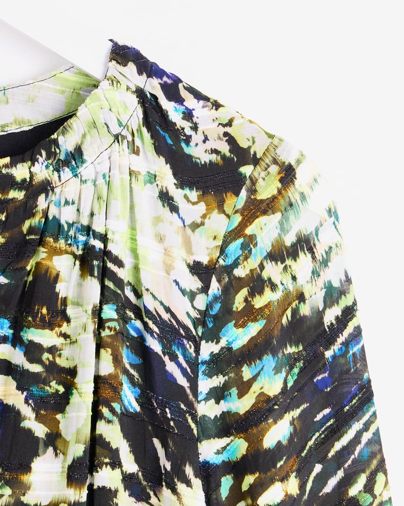 Green Texture Print Mini Drawstring Neck Dress