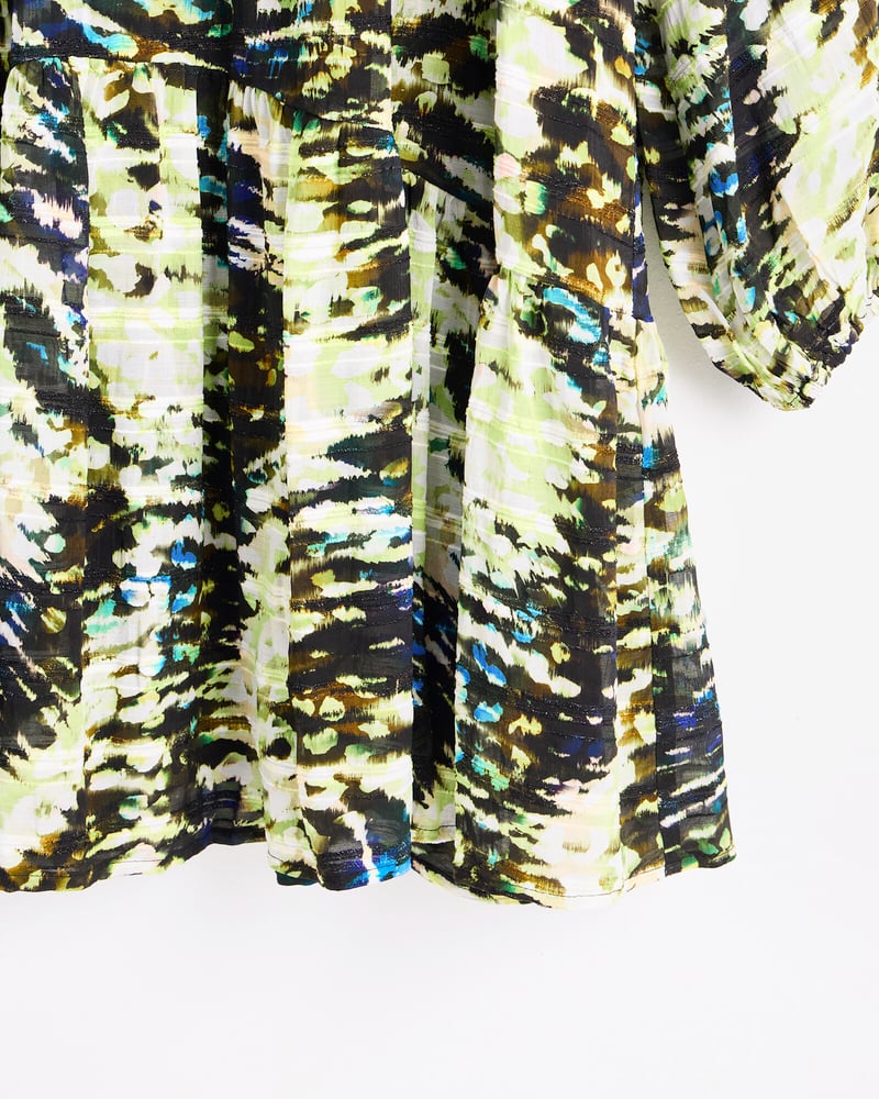 Green Texture Print Mini Drawstring Neck Dress