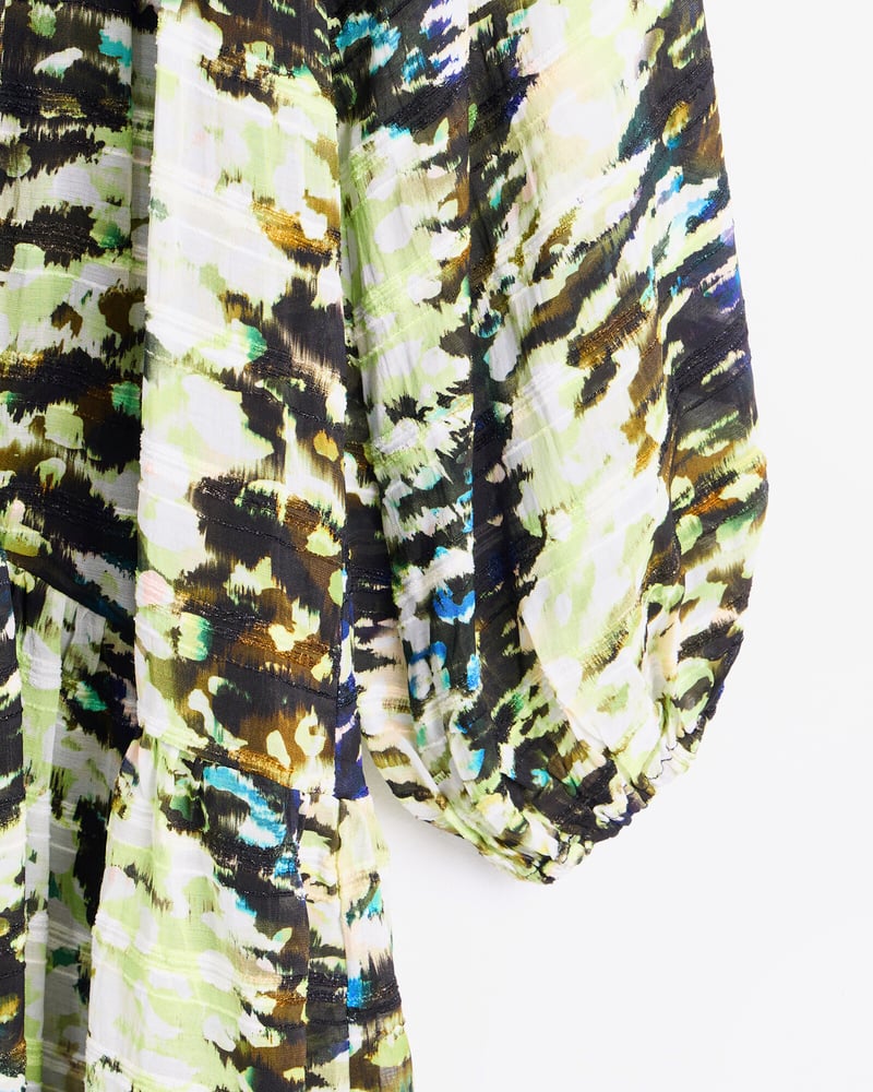 Green Texture Print Mini Drawstring Neck Dress