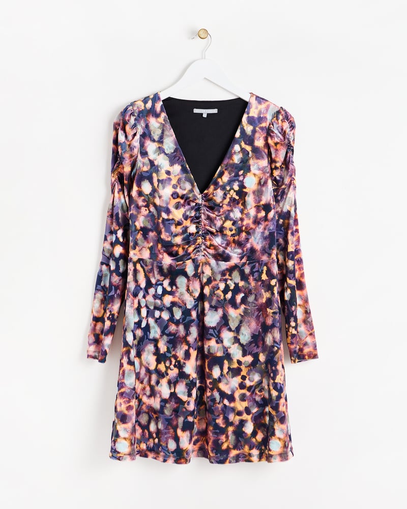 Abstract Print V-Neck Ruched Mini Dress