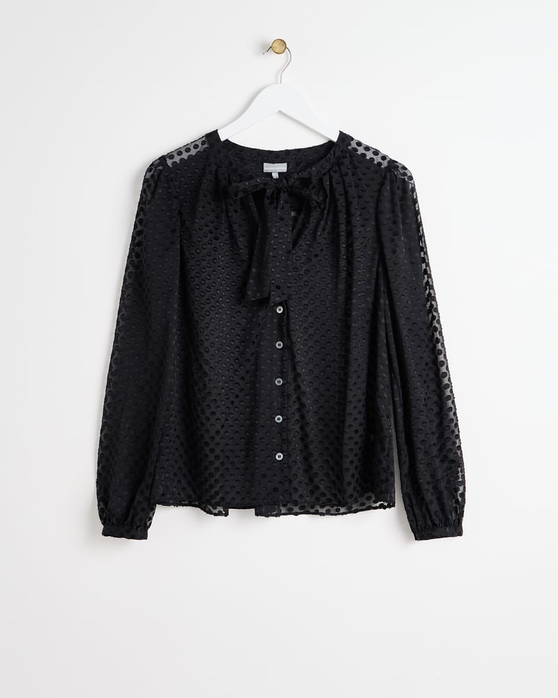 Black Spotty Print Sheer Pussy Bow Blouse