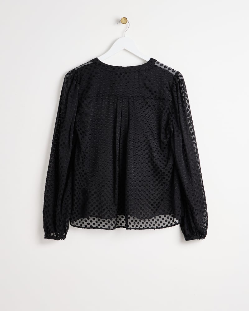 Black Spotty Print Sheer Pussy Bow Blouse