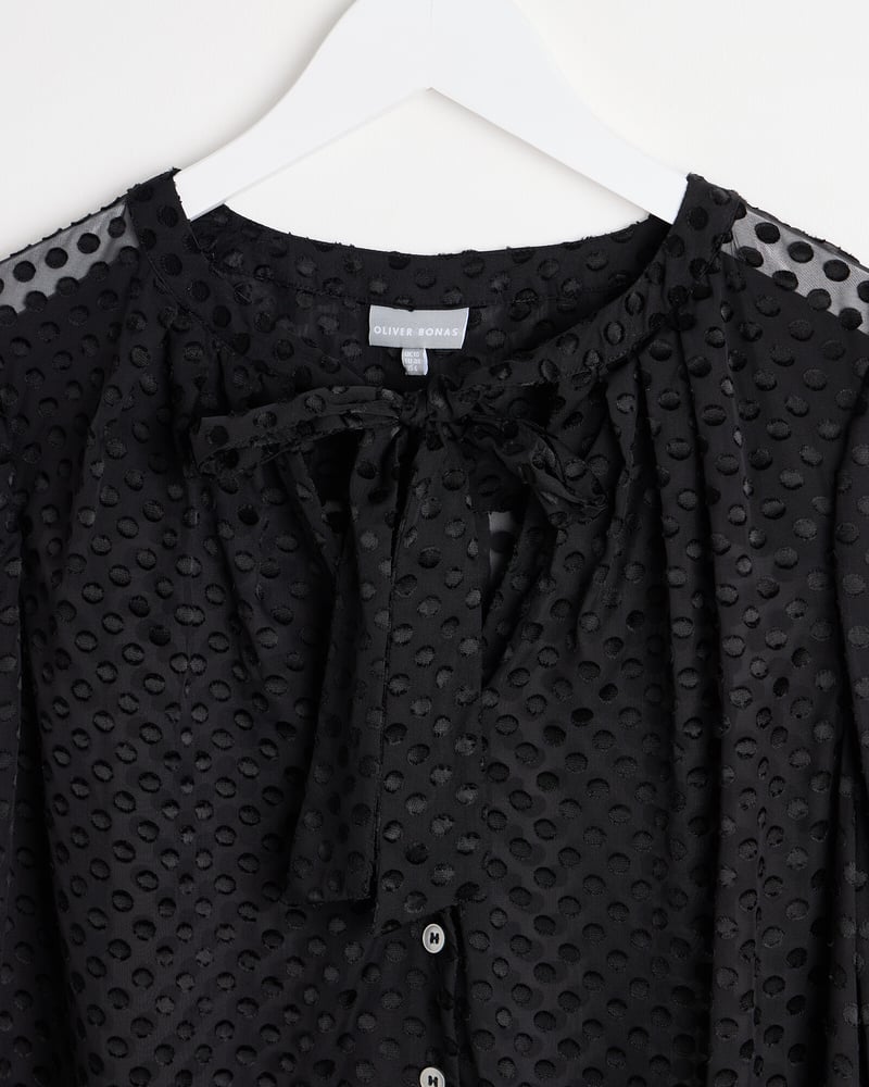 Black Spotty Print Sheer Pussy Bow Blouse