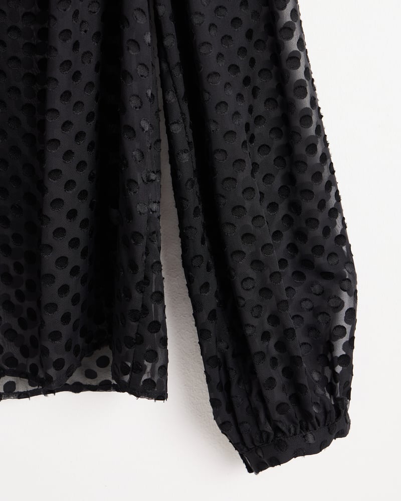 Black Spotty Print Sheer Pussy Bow Blouse
