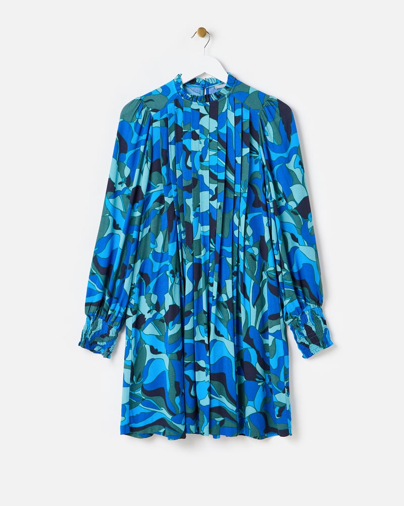 Blue Abstract Pleated Mini Dress