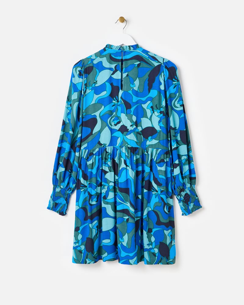Blue Abstract Pleated Mini Dress