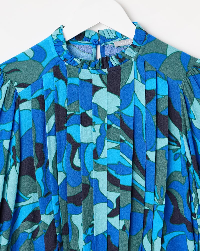 Blue Abstract Pleated Mini Dress