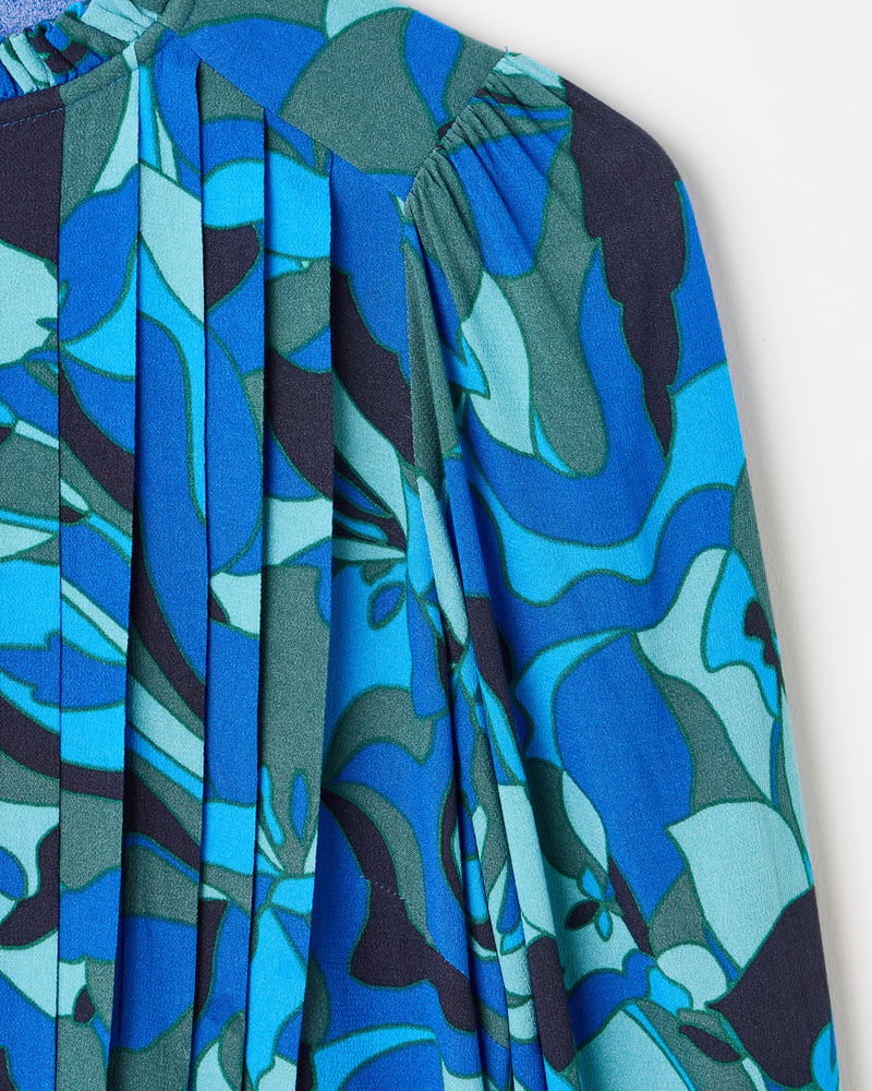 Blue Abstract Pleated Mini Dress