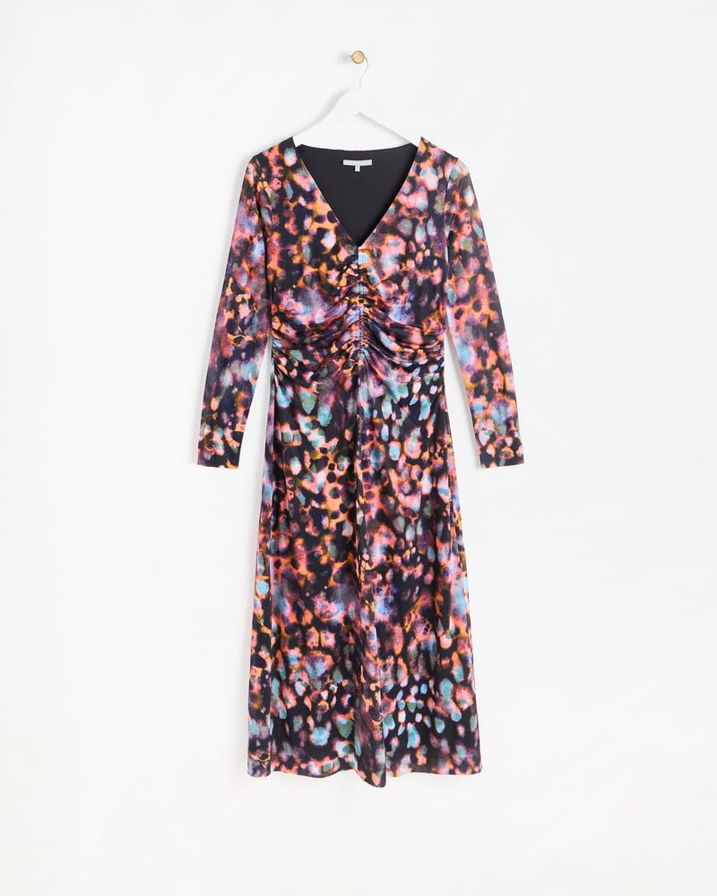 Abstract Print Ruched Long Sleeve Midi Dress