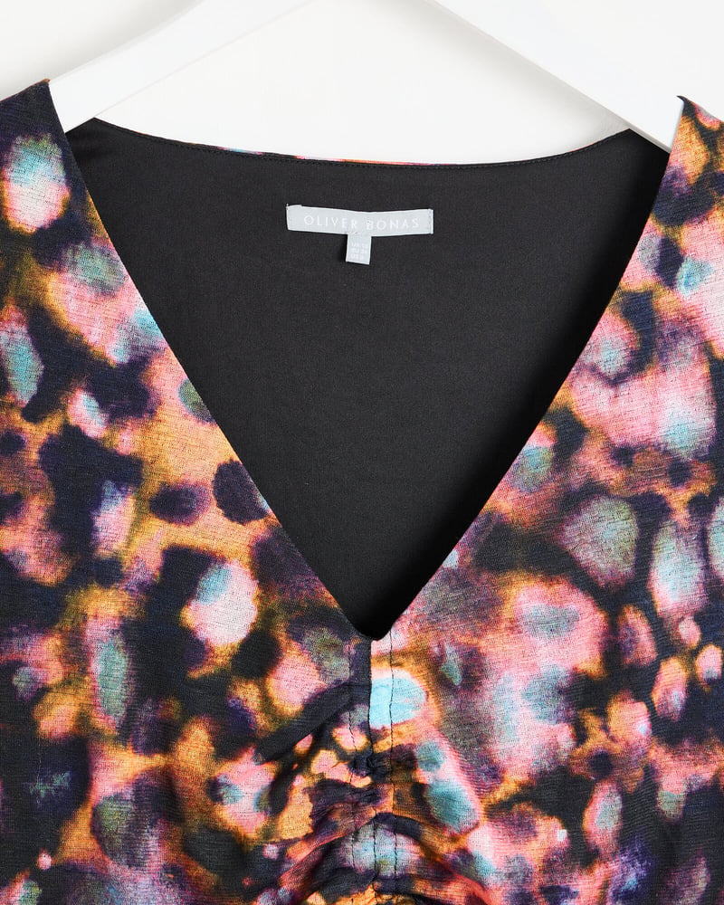 Abstract Print Ruched Long Sleeve Midi Dress