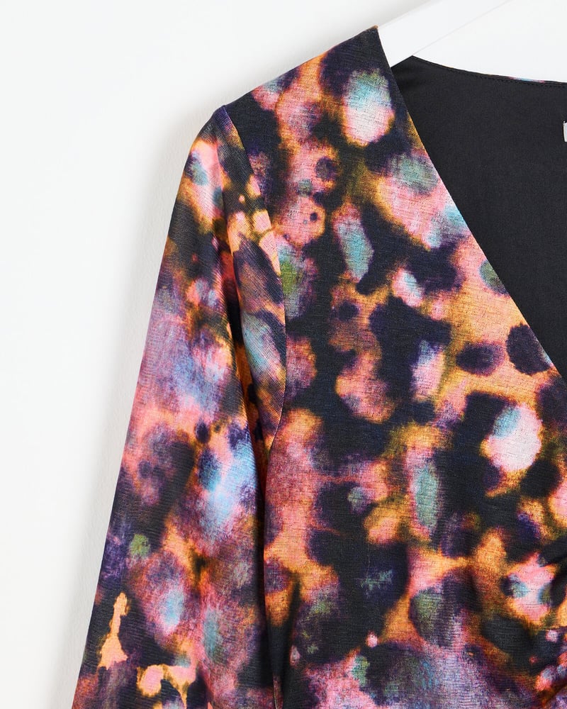 Abstract Print Ruched Long Sleeve Midi Dress