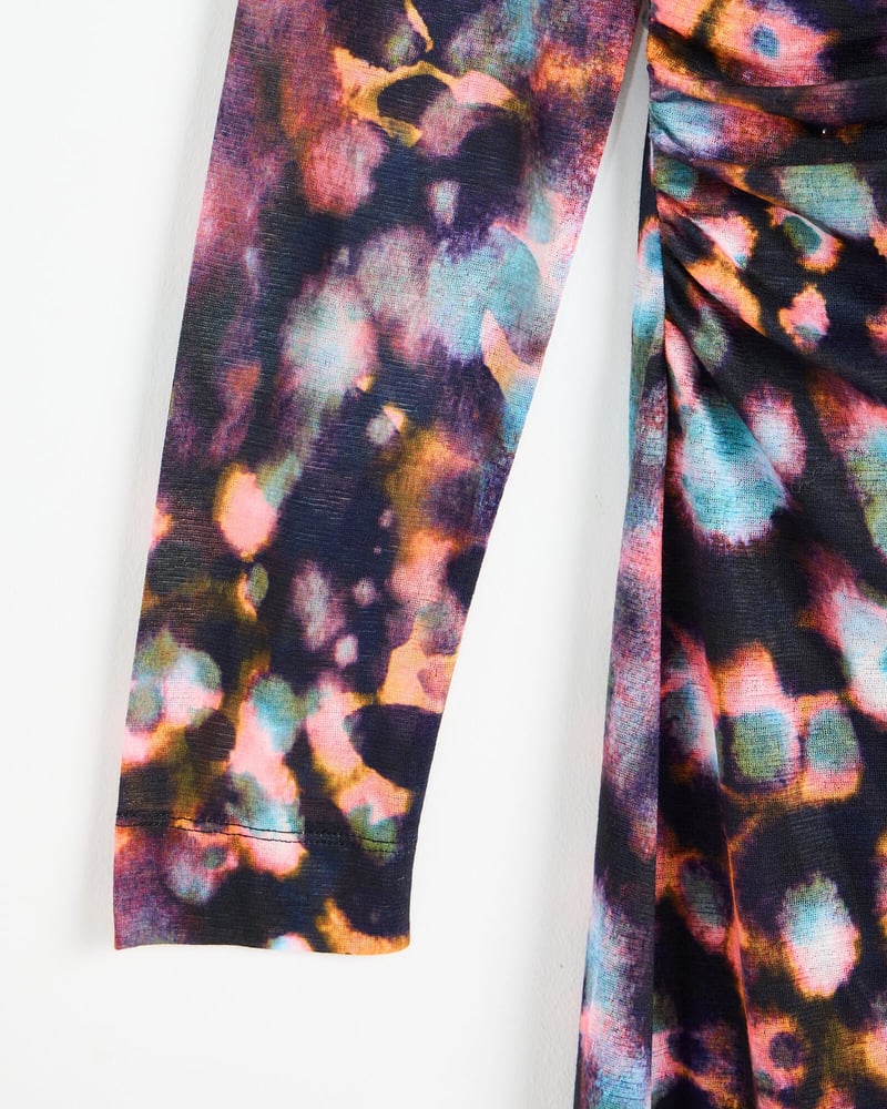 Abstract Print Ruched Long Sleeve Midi Dress