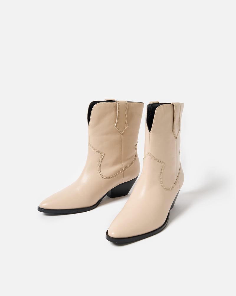 Ecru Cream Leather Western Ankle Boots