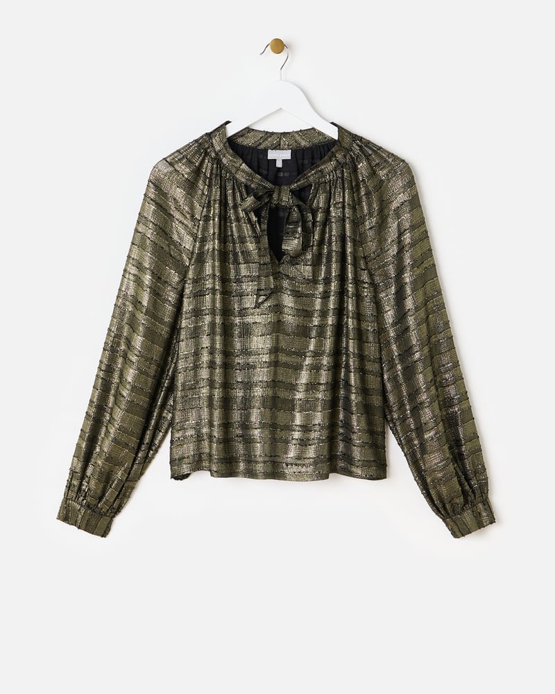 Gold Metallic Tie Neck Blouse