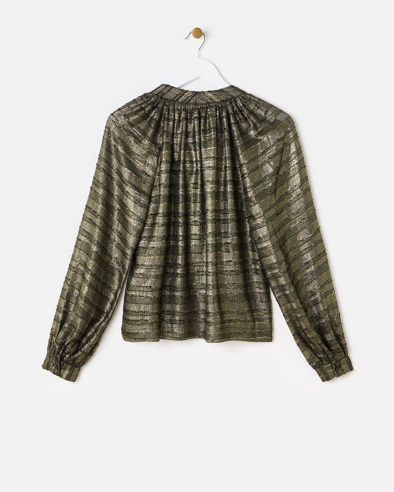 Gold Metallic Tie Neck Blouse