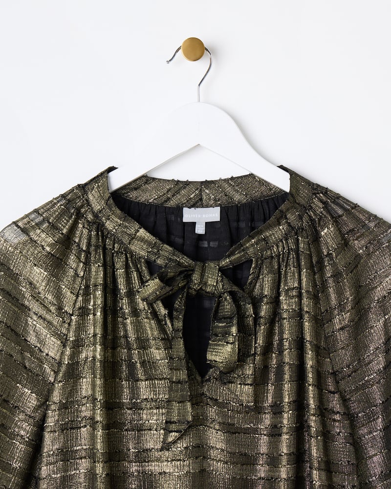 Gold Metallic Tie Neck Blouse