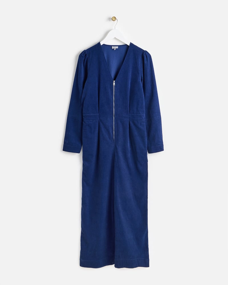 Navy Blue Corduroy Zip Through Jumpsuit