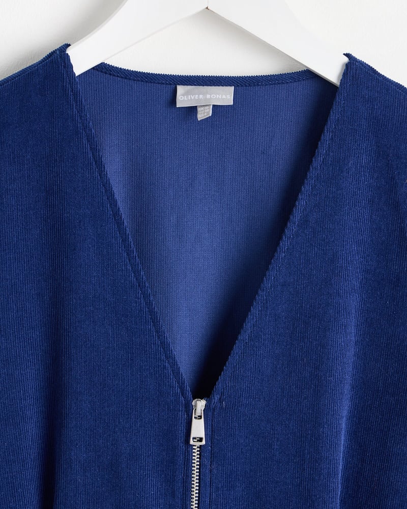 Navy Blue Corduroy Zip Through Jumpsuit