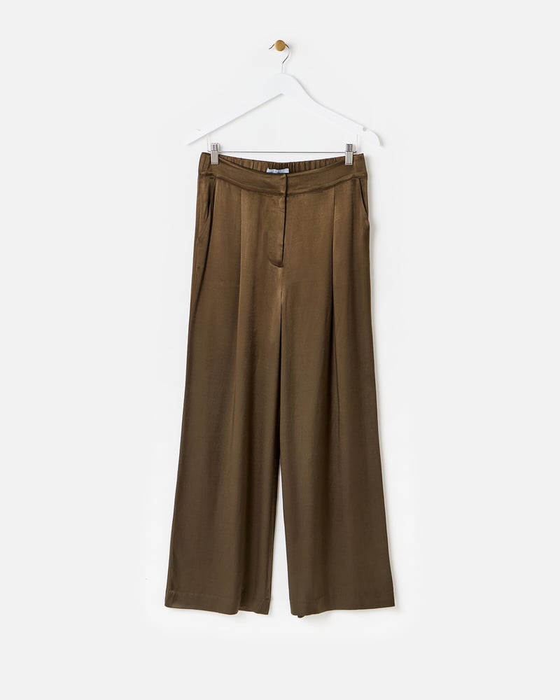 Khaki Green Satin Wide Leg Trousers