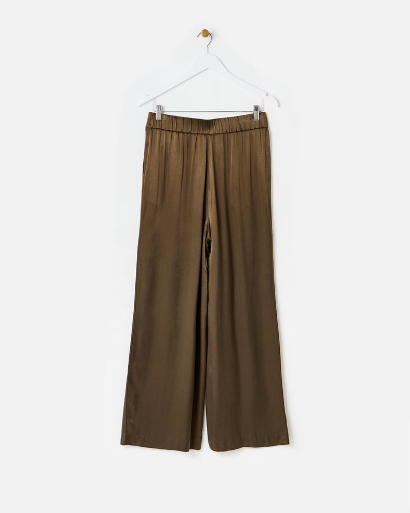 Khaki Green Satin Wide Leg Trousers