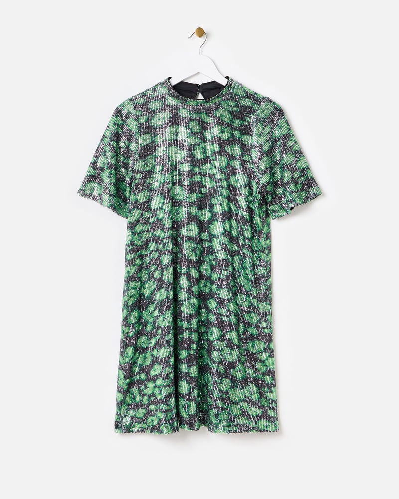 Green Leopard Print Sequin Mini Dress