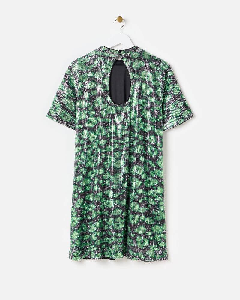 Green Leopard Print Sequin Mini Dress