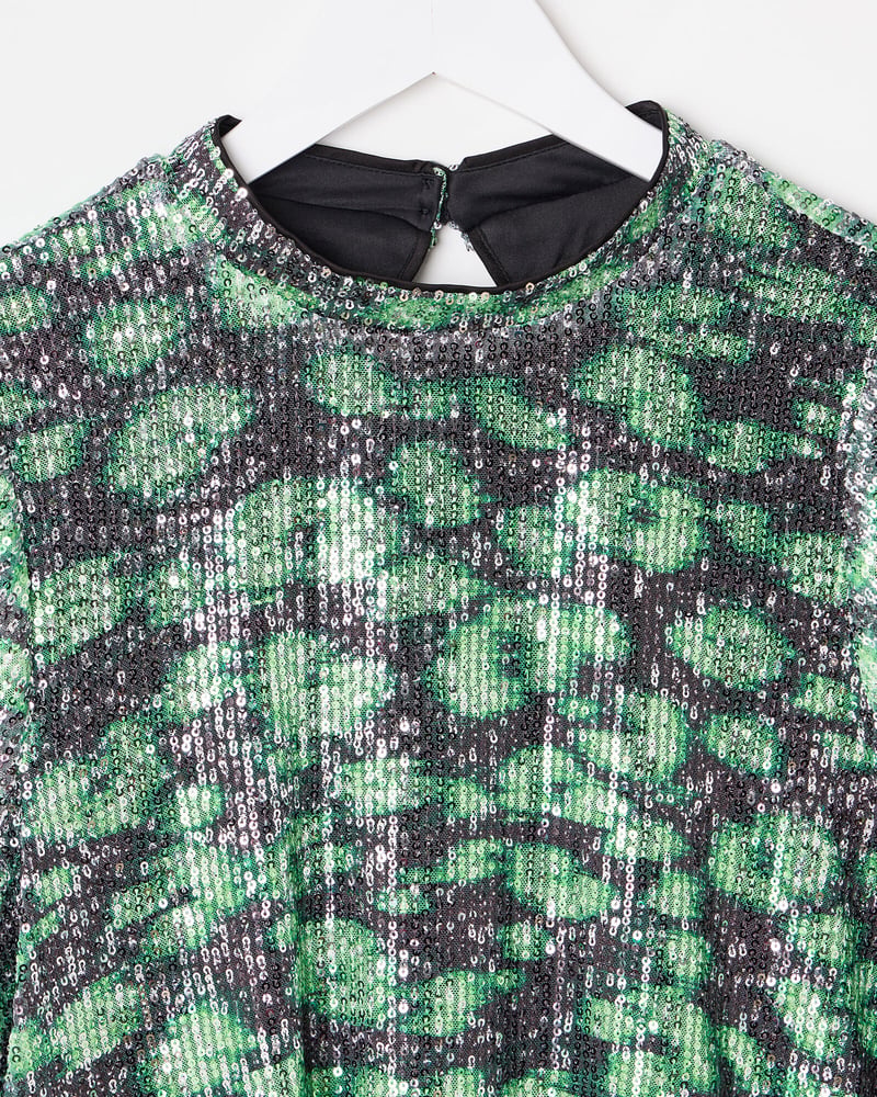 Green Leopard Print Sequin Mini Dress