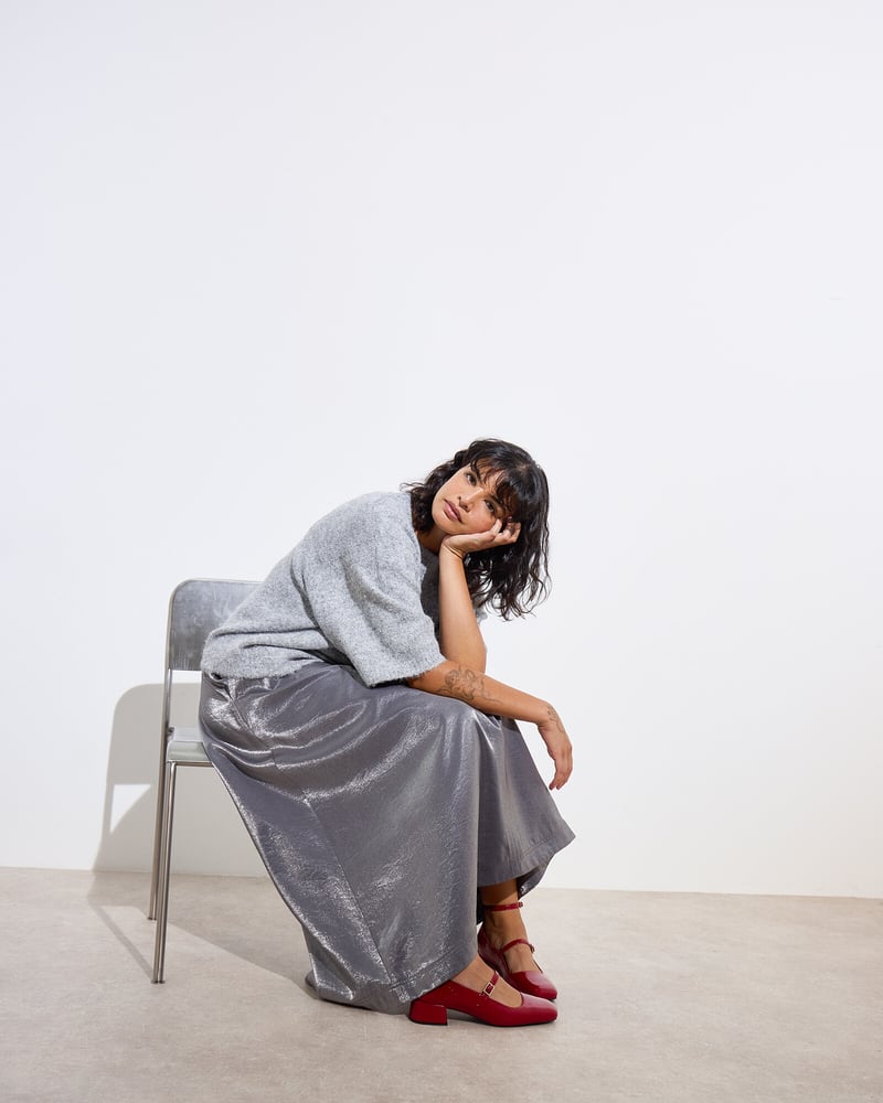 Silver Metallic Midi Skirt