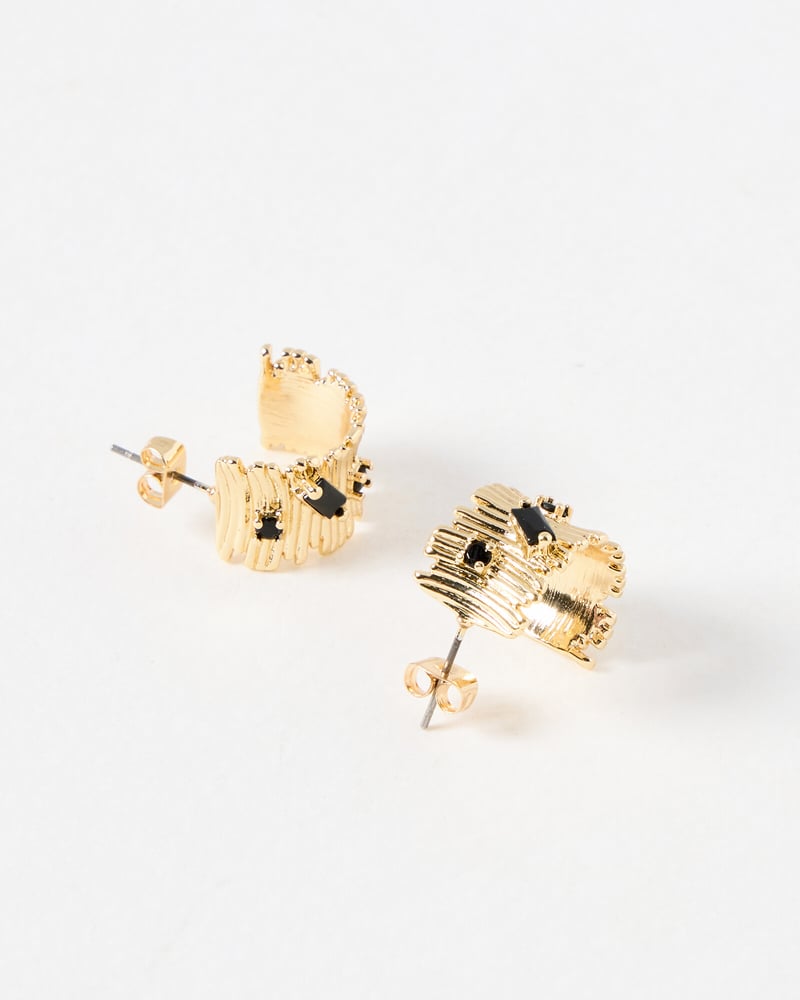 Sadie Textured Black Stone Detail Hoop Earrings