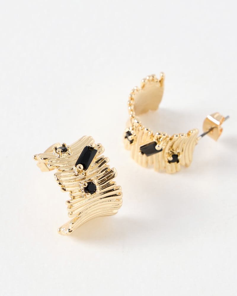 Sadie Textured Black Stone Detail Hoop Earrings