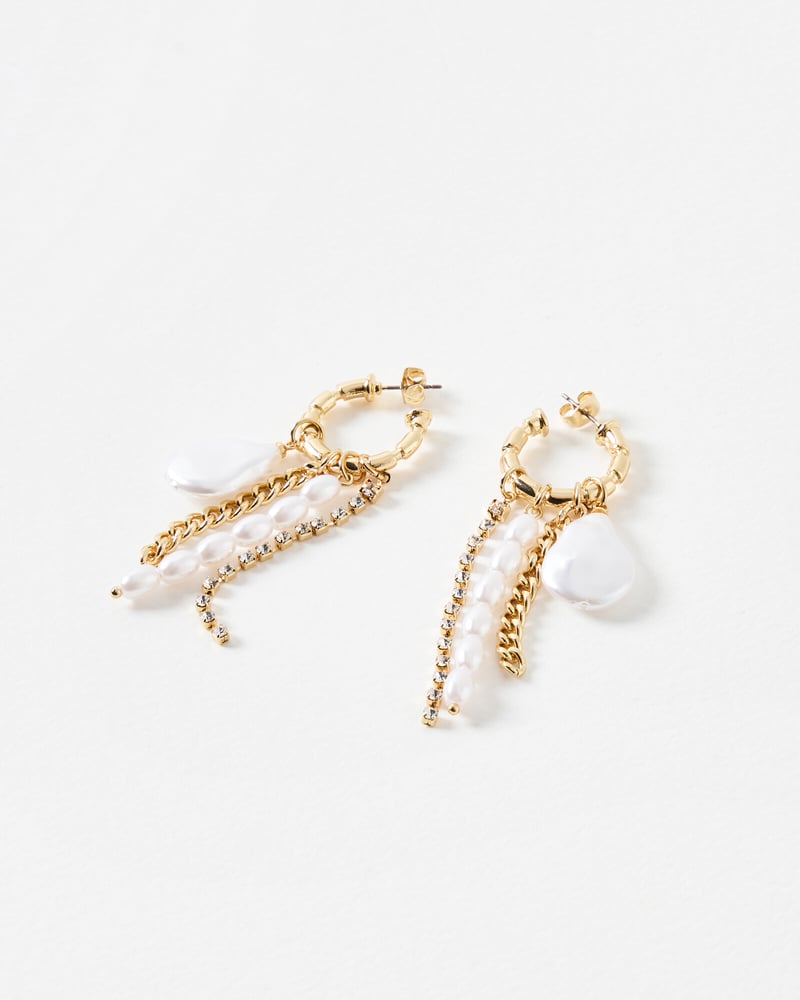 Stevie Chain & Faux Pearl Gold Tone Charm Drop Earrings