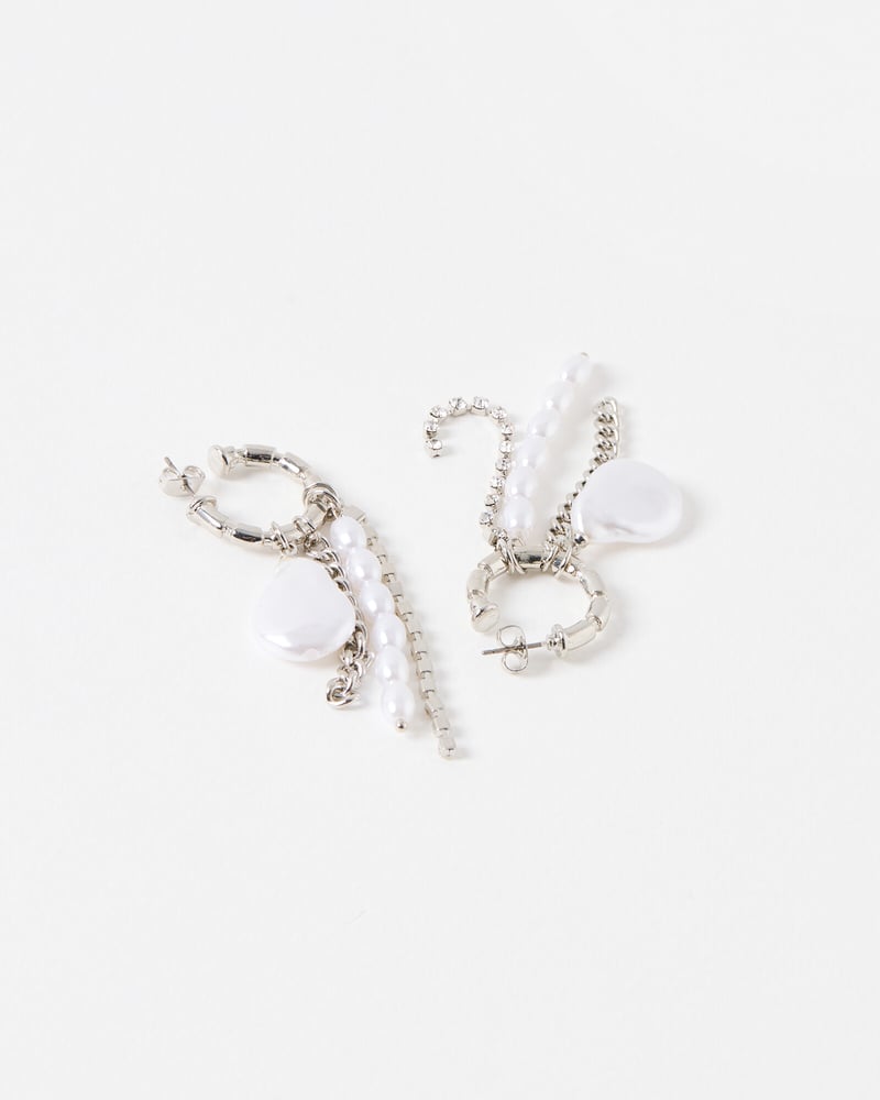 Stevie Chain & Faux Pearl Silver Tone Charm Drop Earrings