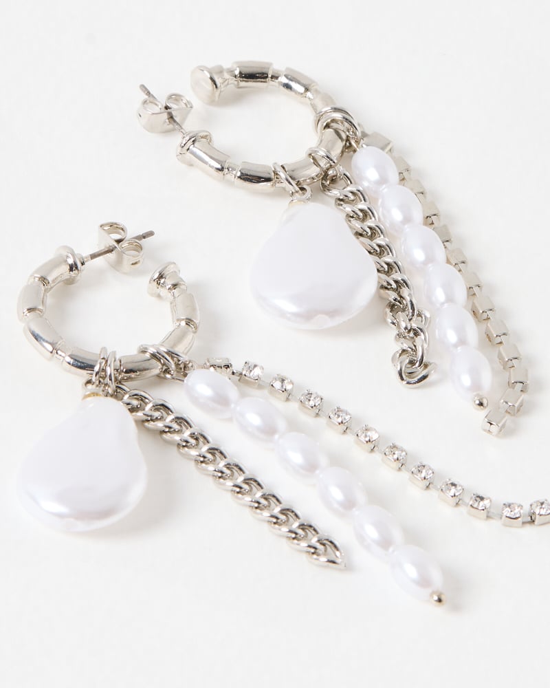 Stevie Chain & Faux Pearl Silver Tone Charm Drop Earrings