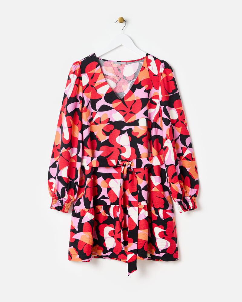 Red Abstract Floral V-Neck Mini Dress