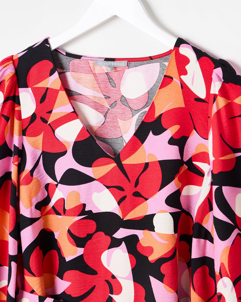 Red Abstract Floral V-Neck Mini Dress