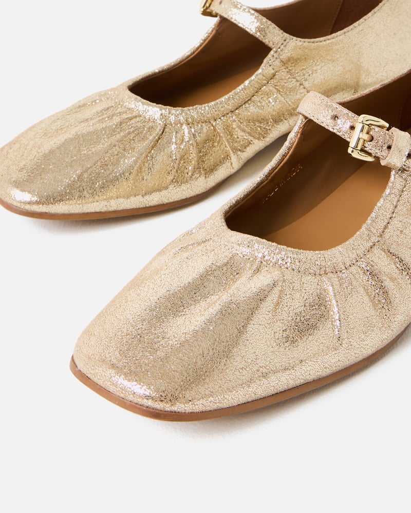 Mary Jane Gathered Gold Leather Shoes